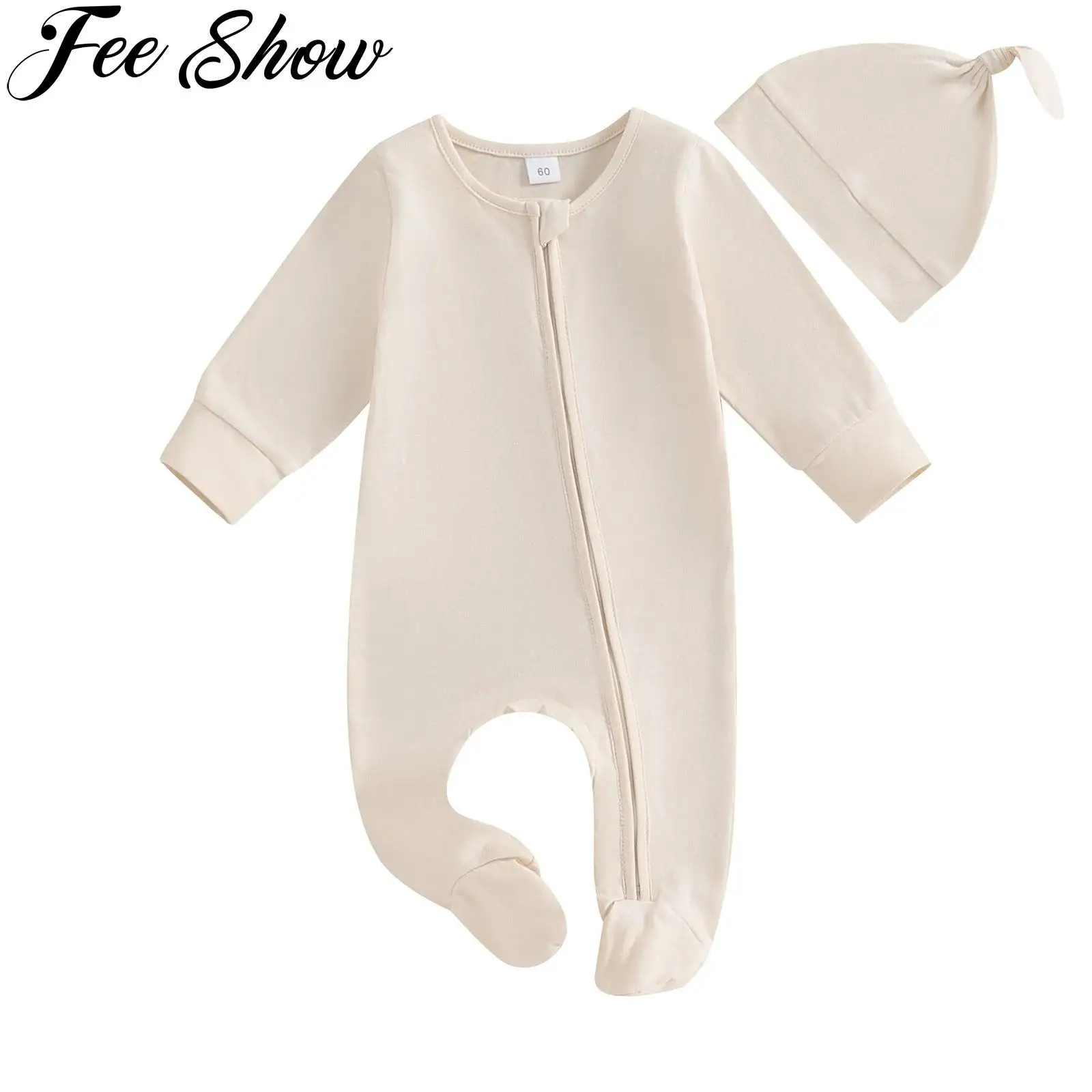 

Newborn Infant Baby Boys Girls Clothes Long Sleeve Round Neck Zipper Footed Romper Jumpsuit with Hat Outfit Casual Daily Wear