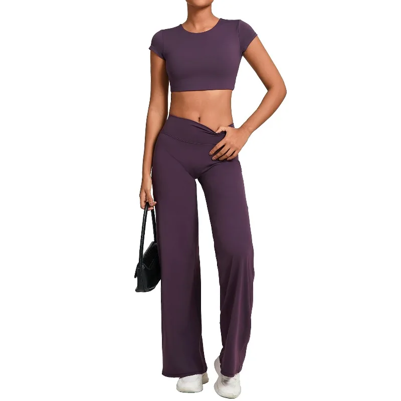 

Новый женский комплект одежды для йоги, облегающие быстросохнущие прямые брюки с открытой спиной и короткими рукавами, спортивный комплект для фитнеса и бега, комплект из 2 предметов