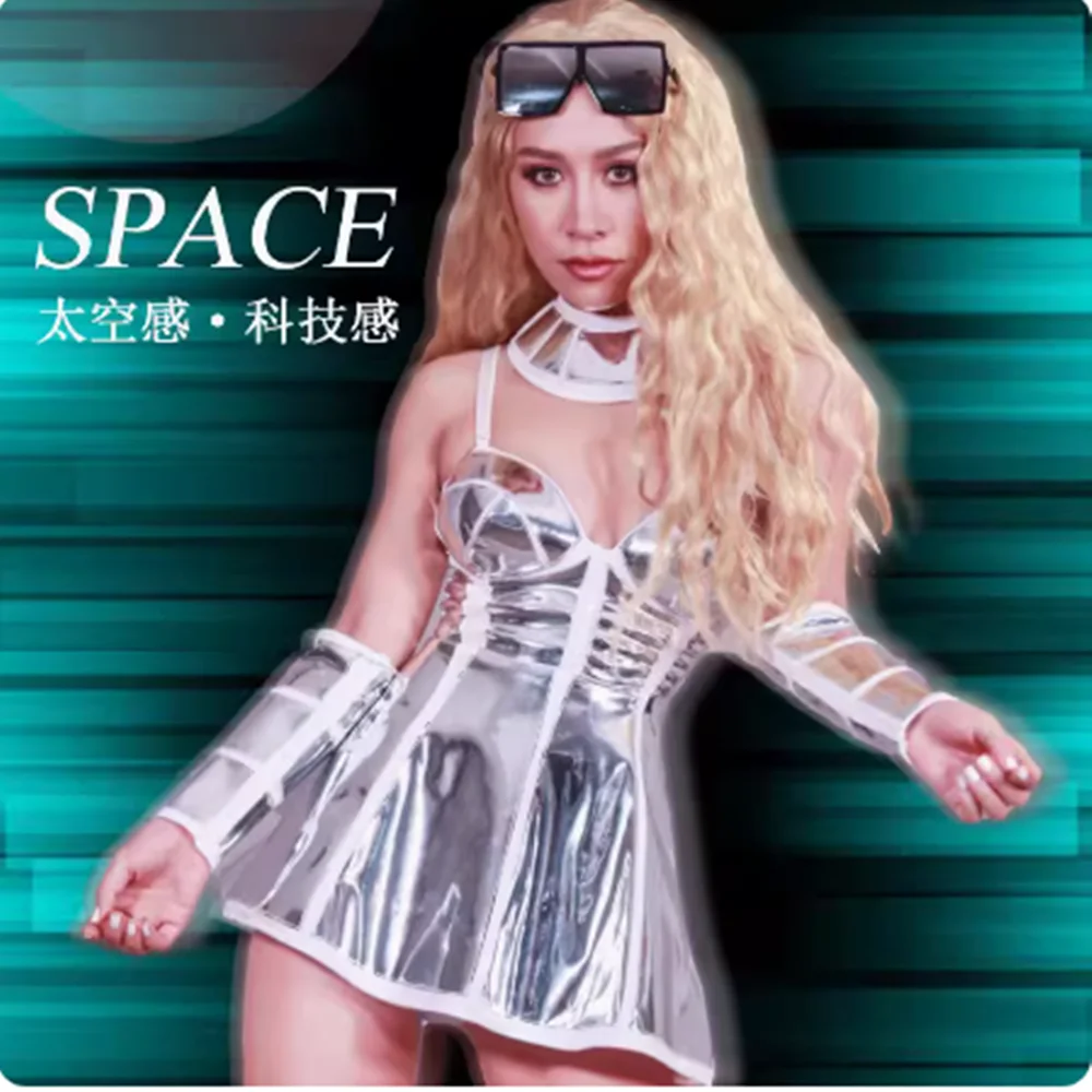 

New Nightclub DS Mechanical Futuristic Technology Performance Dress Art Photo Personal Photo Silver Mirror Sling Dress