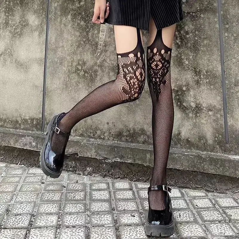 Gothic Dark Girl Long Sexy Fishnet Stockings Women Classical Design Harajuku Emo Mesh Tights Lingerie Thigh High Garters Hosiery