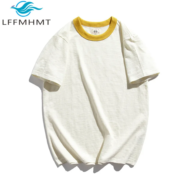 Men's 2026 Summer Short Sleeve T-Shirt Yellow Color Block Crew Neck Loose Casual Comfort Basic Tees Tops