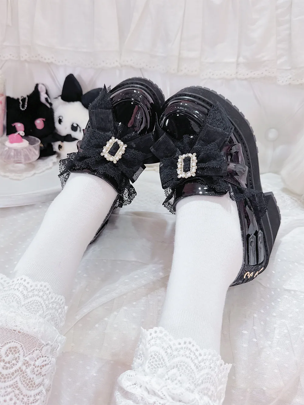 Transfer Student Lilith High Heel Loafers Sweet Lolita Slip On Thick Sole Lace Bow Rhinestone Buckle Japanese Women Shoes