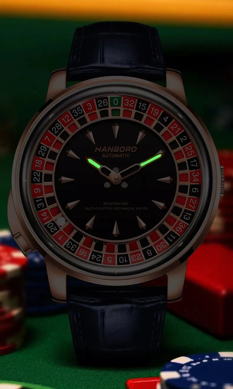 HANBORO Orologio automatico da uomo 46mm Orologio da polso meccanico di lusso Roulette Gioco Quadrante Vetro zaffiro Luminoso