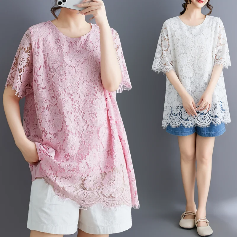 

Свободная женская футболка с круглым вырезом и коротким рукавом, больших размеров, с цветочным кружевом, в корейском стиле, повседневная, летняя, из смесового полиэстера и хлопка