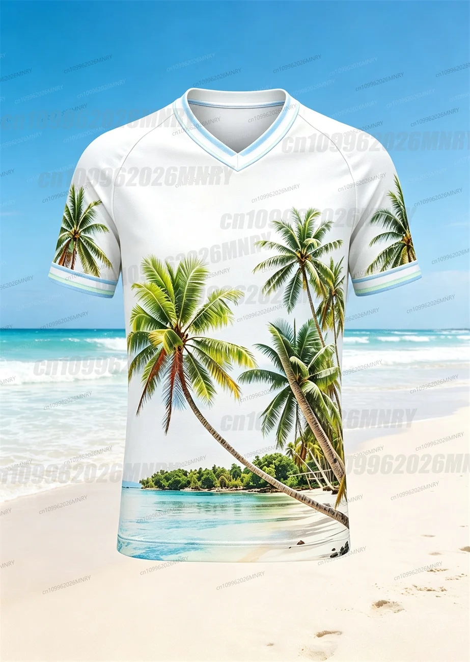 Kid T-Shirt Tropical Coconut Tree Men’s V Neck Raglan Short Sleeve Beach Ocean Summer Breathable Sports Jersey Hawaii Holiday