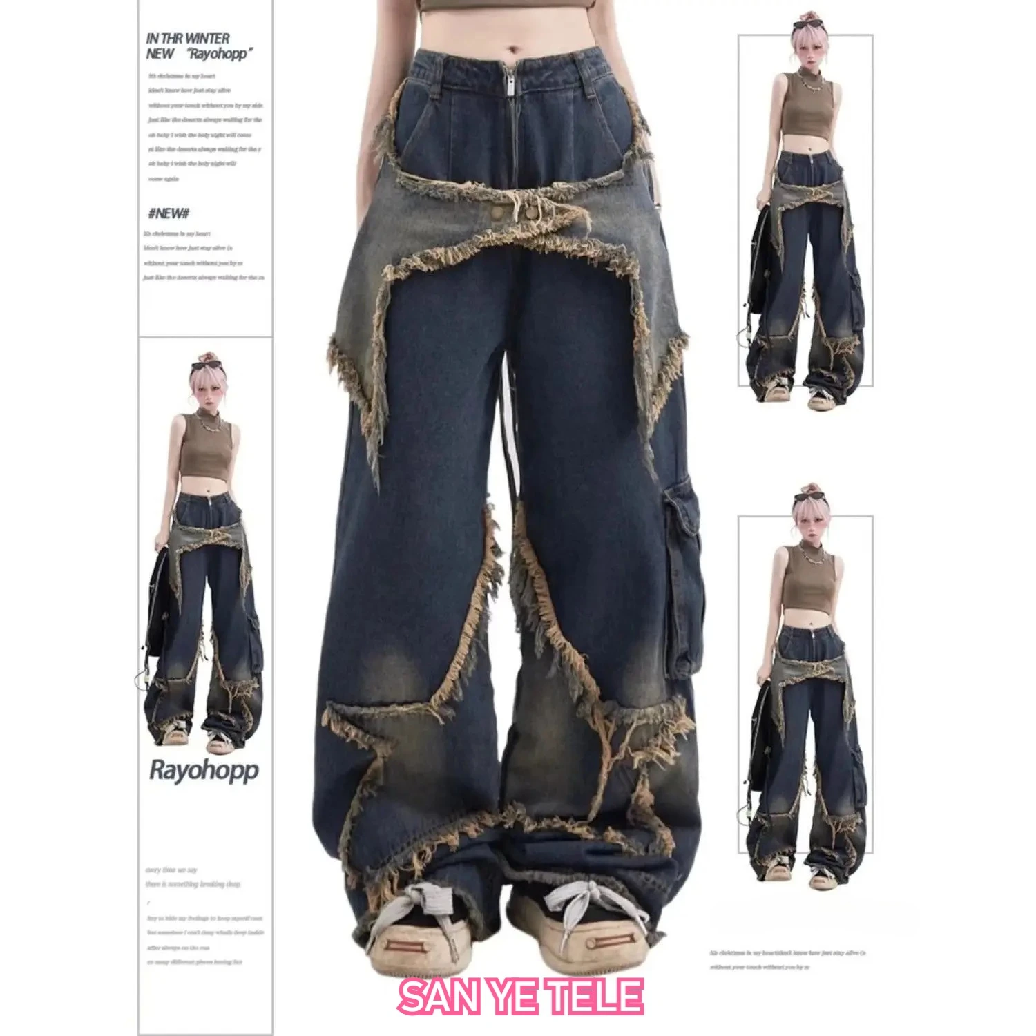 Washed Five-Point Star Frayed Hem Jeans Women New Vintage Y2K Korean High Street Loose Oversized Straight Leg Long Pants