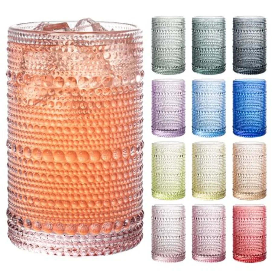 

Набор винтажных стаканов с рельефным узором (Hobnail), 12 шт., 13 унций, разноцветные, с бусинами, для кухни, разные цвета, рельефные стаканы для воды