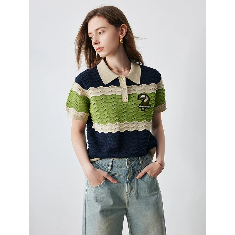 TOYOUTH Women Short sleeved Knitted Shirt 2024 Summer New Ice Silk Contrast Color Striped Turn Down Collar Pullover Casual Top