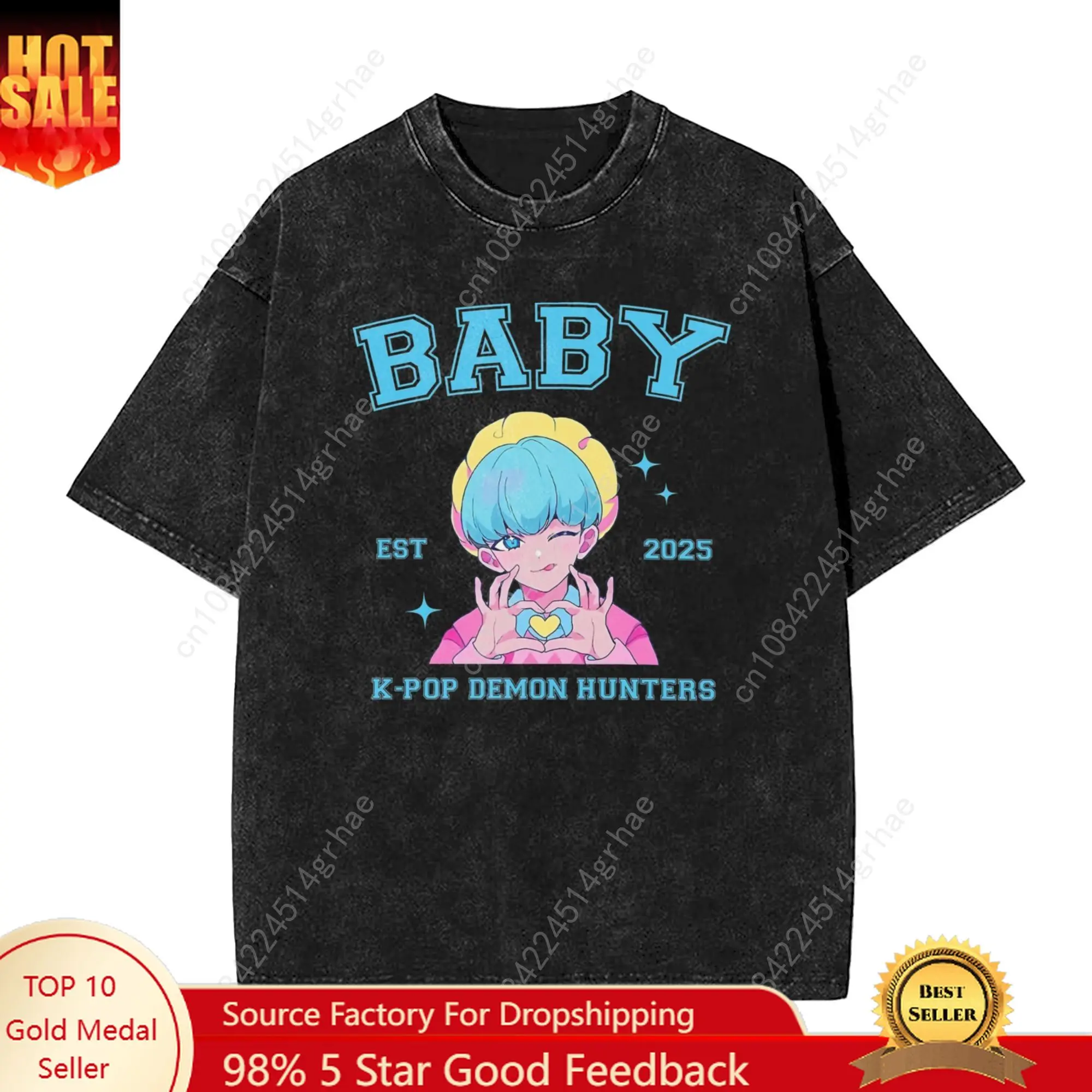 

BABY Saja Boys Kpop Demon Hunters Men T Shirt Washed Unique Tee Shirt Short Sleeve Round Collar T-Shirt Cotton Gift Clothing