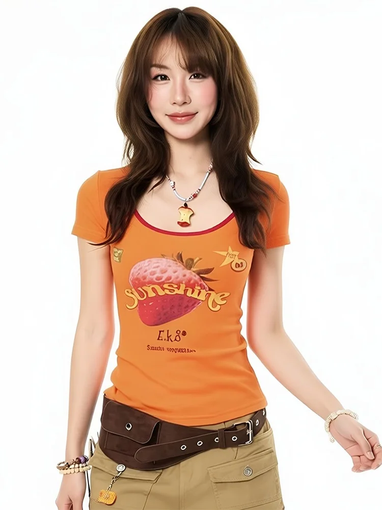 

Dopamine y2k retro spicy girl slim fit U-neckline short sleeved T-shirt for women's summer new look slimming shoulder top