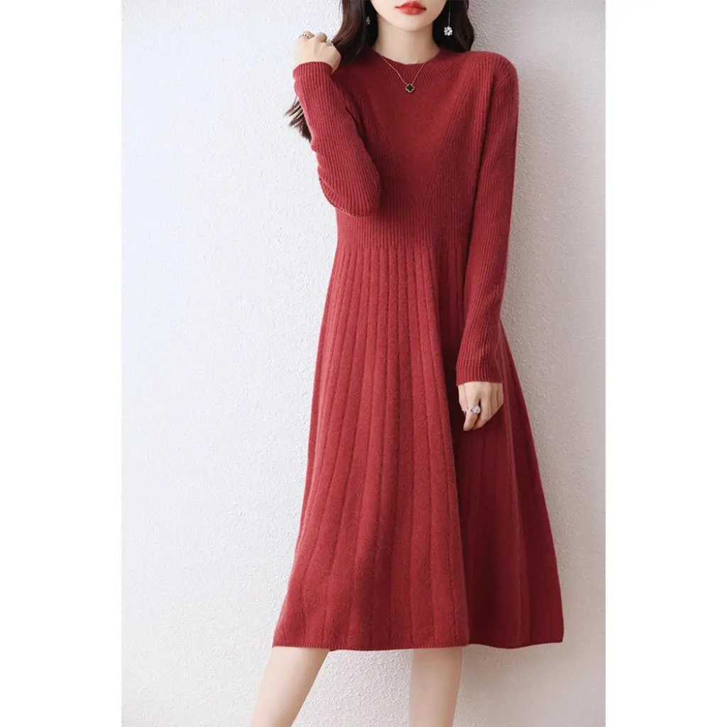 

Women's Autumn Winter Crewneck Long Sweater Dress Slim Fit Base Knitted 100% Wool All-match Outer Wear