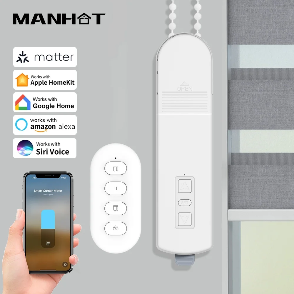 

Manhot Matter WIFI Chain Roller Blinds Smart Electric Curtain Shade Drive Motor With Apple HomeKit Alexa Google Home APP Control