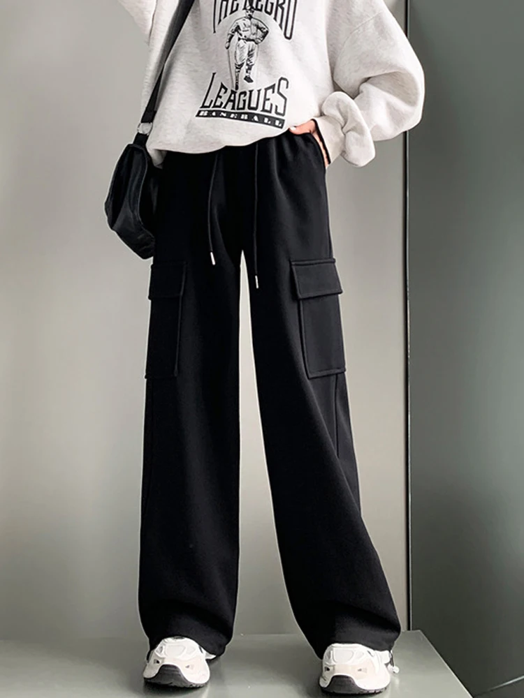 

FSMG Vintage Solid Oversized Cargo Pants Loose High-Waisted Pocket Drawstring Elastic Wais Sweatpants Women Wide Leg Streetwear