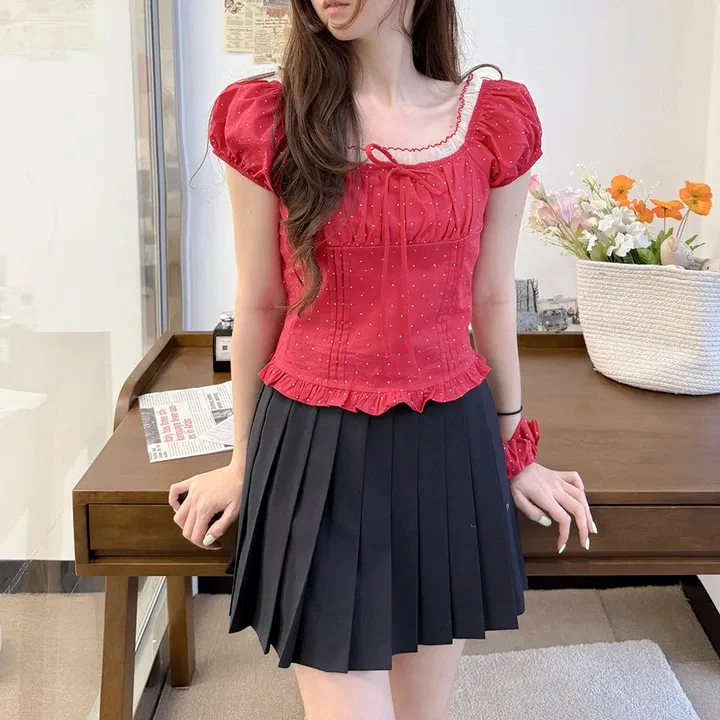 

Женская рубашка в корейском стиле с квадратным воротником, сетчатыми оборками в горошек и короткими рукавами, модный универсальный топ с завязками