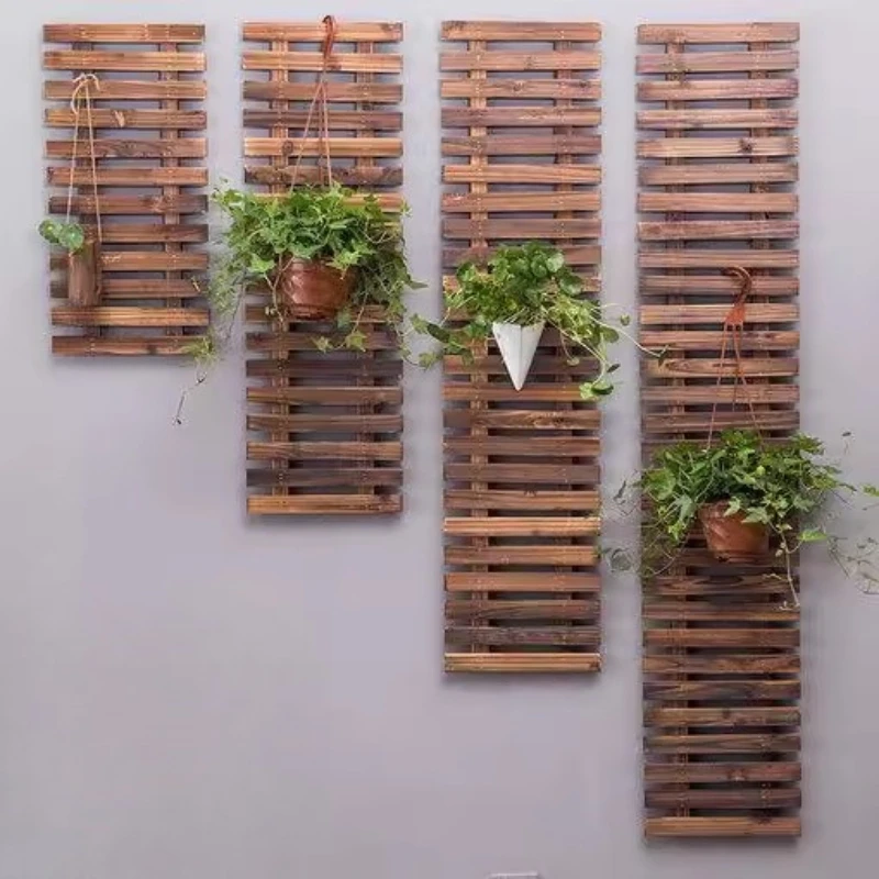 

Wall Hanging Flower Shelf Carbonized Anti-corrosion Wood Fence Garden Potted Display Rack Living Room Grid Climbing Flower Rack