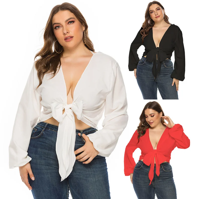 

2025 Spring Summer New Arrival Plus Size 's Short Tube Top Solid Color Long Sleeve Women's Shirt JR312