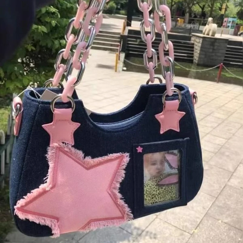 

Y2K винтажная корейская модная сумка через плечо Harajuku Star Tote, джинсовая сумка на цепочке, женские сумки на молнии, кошельки, лоскутные сумки для женщин