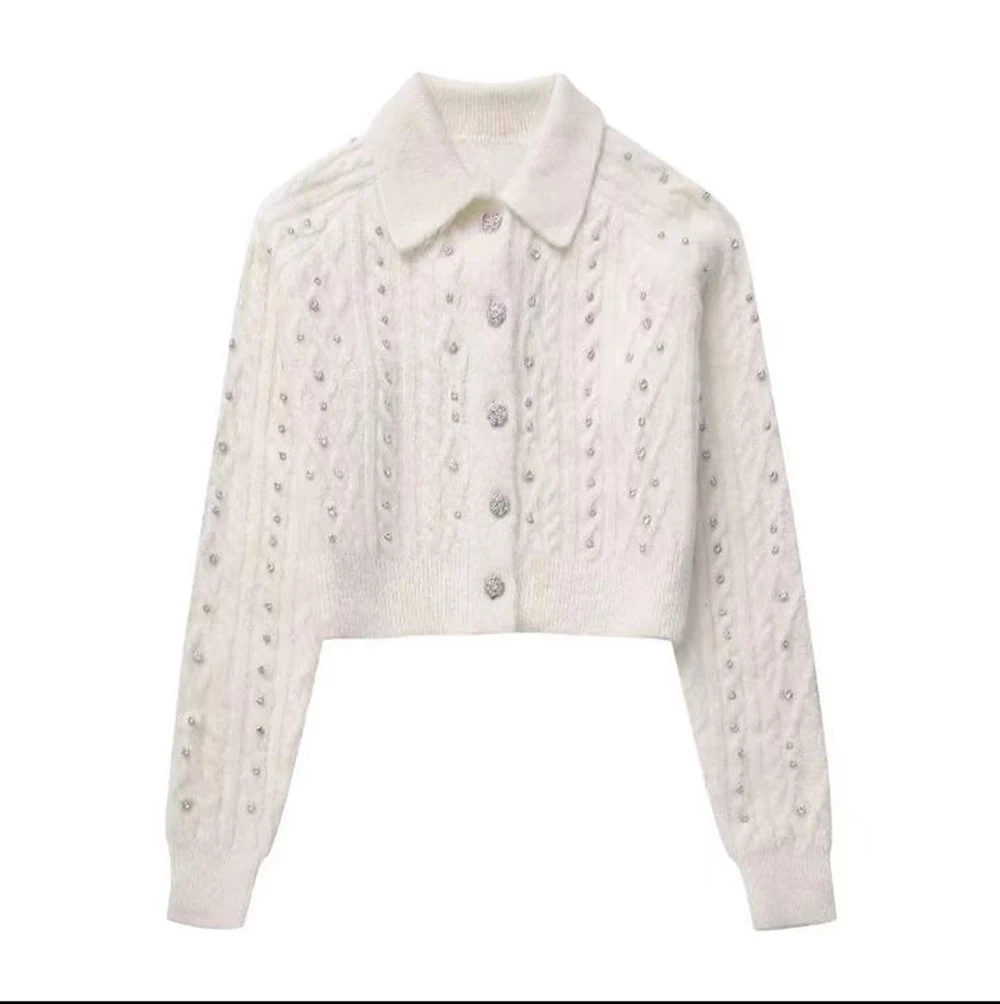 

Короткий вязаный кардиган с ромбовидными украшениями, женский осенне-зимний новый роскошный шикарный однобортный офисный женский топ, одежда