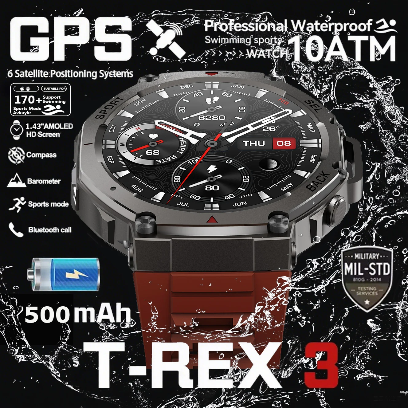 

Новые двухдиапазонные GPS военные умные часы T-Rex 3 Pro, 48 мм, 10 АТМ, водонепроницаемые, 500 мАч, аккумулятор, компас, альтиметр, AGPS, умные часы