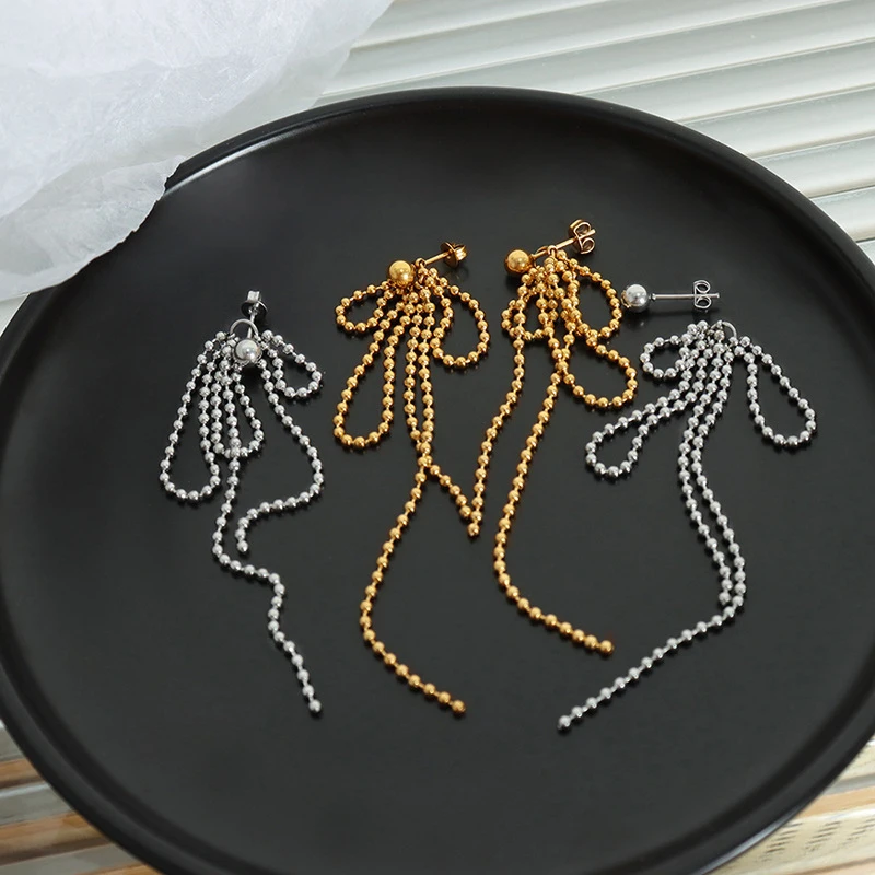 Bohemian National Wind Girl Tassel Long Rice Bead Chain Earrings Two Kinds Of Personality Wearing Titanium Colorfast Wholesale