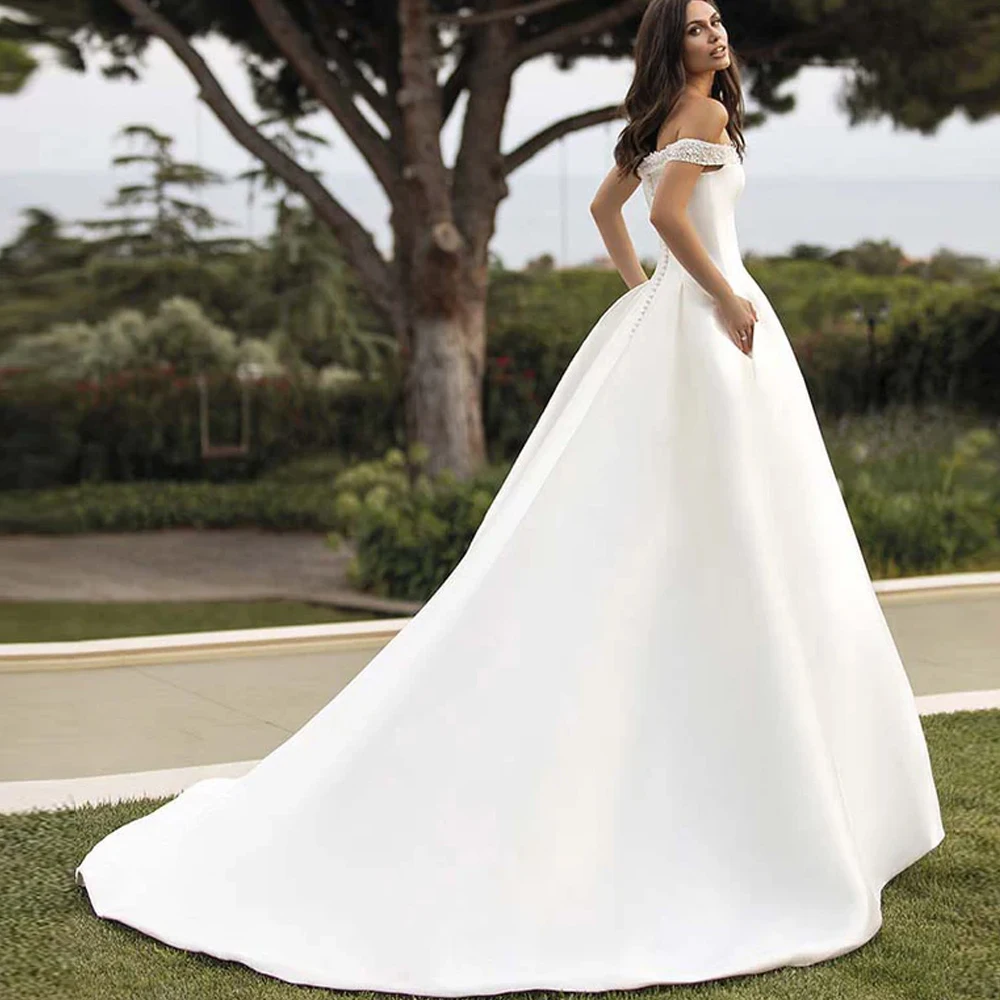 

Свадебные платья с открытыми плечами по индивидуальному заказу, трапециевидный вырез с глубоким V-образным вырезом, свадебная аппликация, кружево, бисер, атласная молния, Vestido de novia