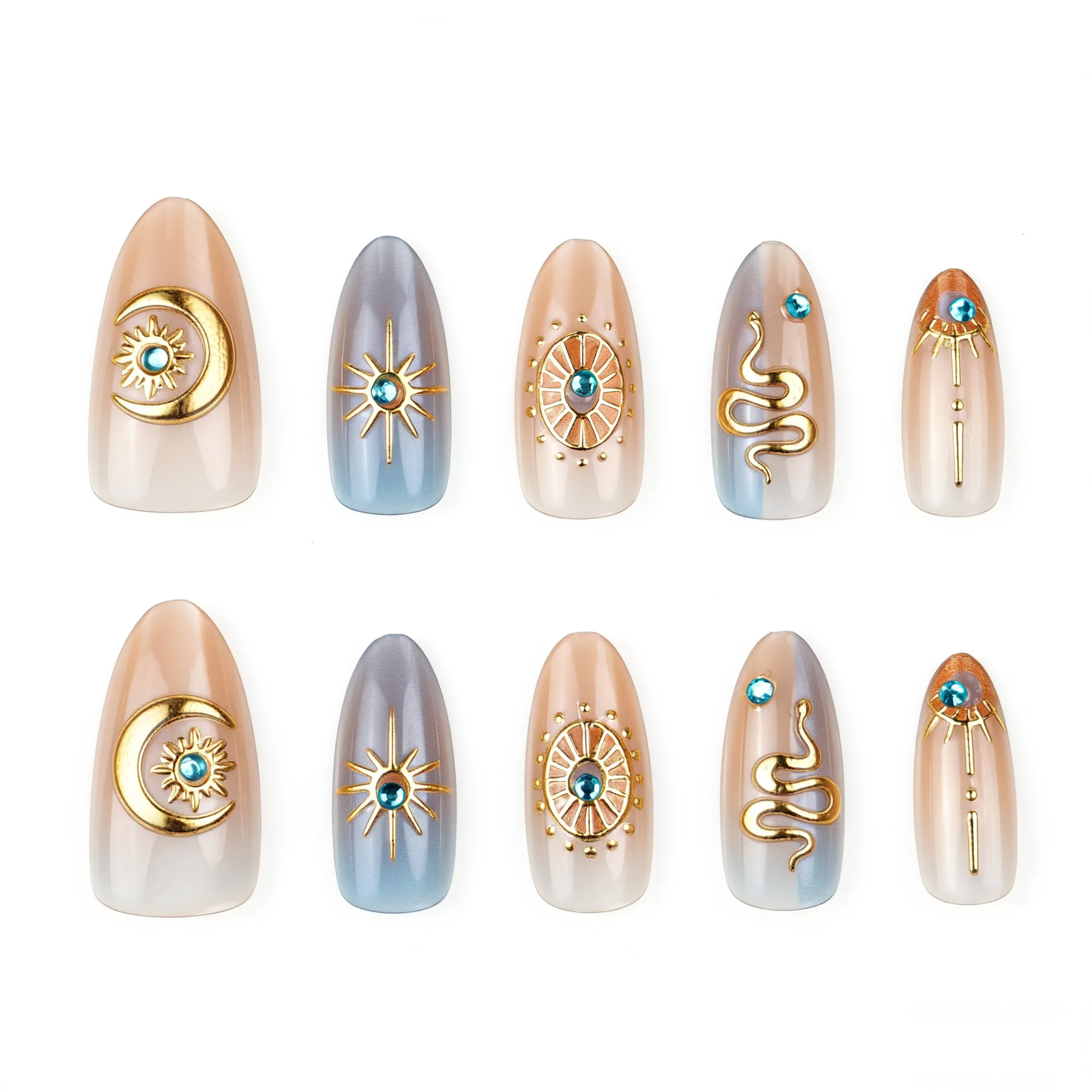 24 قطعة الأظافر كاذبة الفاخرة الجليدية لامعة عين القط ثعبان الطوطم اللوز اضغط على الأظافر مع الأرجواني الماس حار تصميم مانيكير مسمار الفن #2