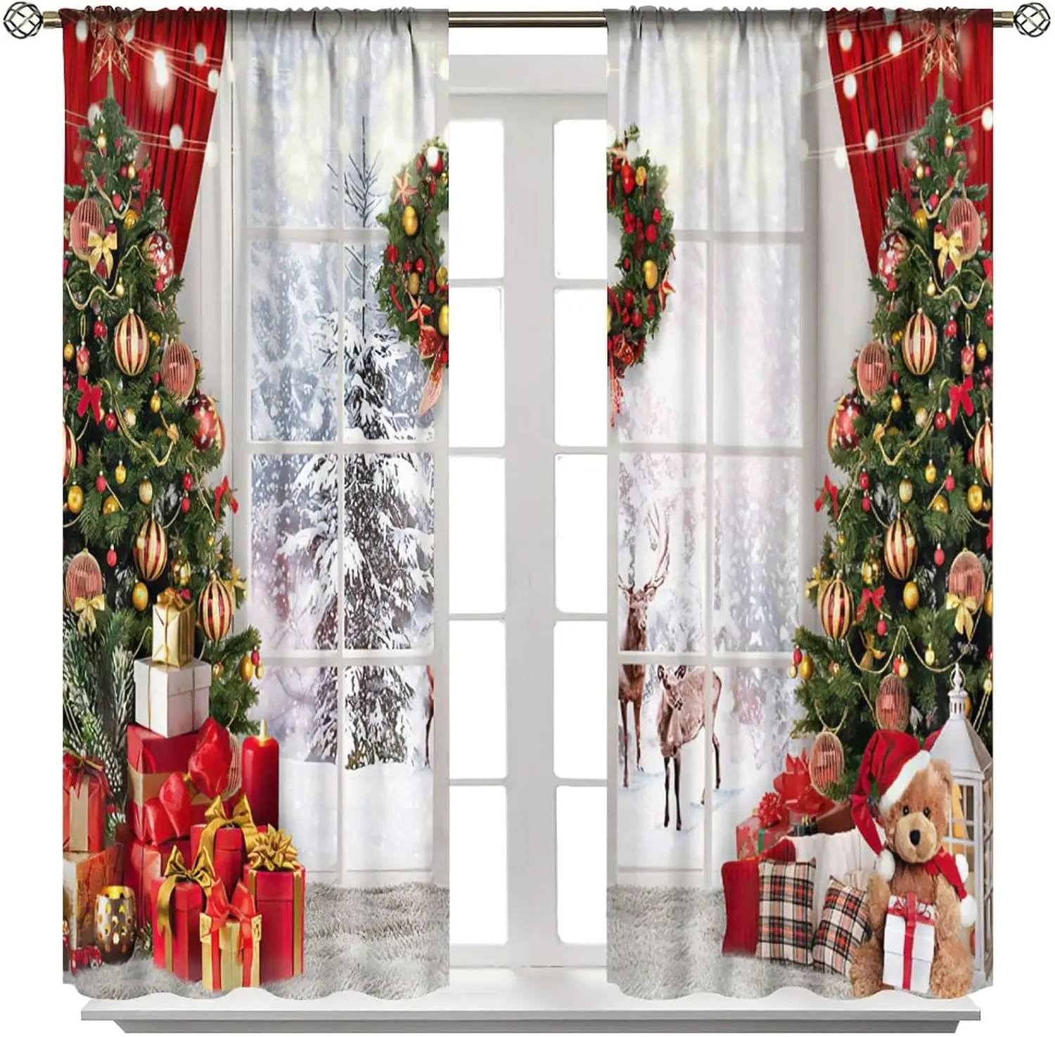 ستائر نافذة عيد الميلاد مع طباعة شجرة عيد الميلاد الشتوية اللامعة، ستائر احتفالية لديكور غرفة المعيشة وغرفة النوم