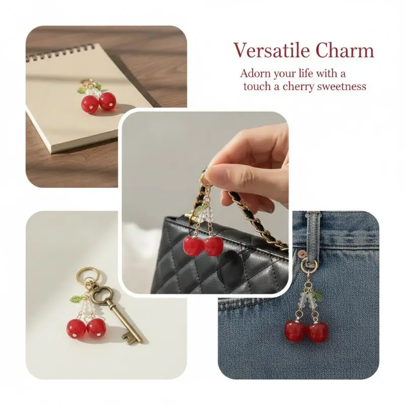 3D Cherry Shiny Keychain Glossy Red Sparkly Crystal Beads Gold Clasp Fashion Purse Pendant for Women