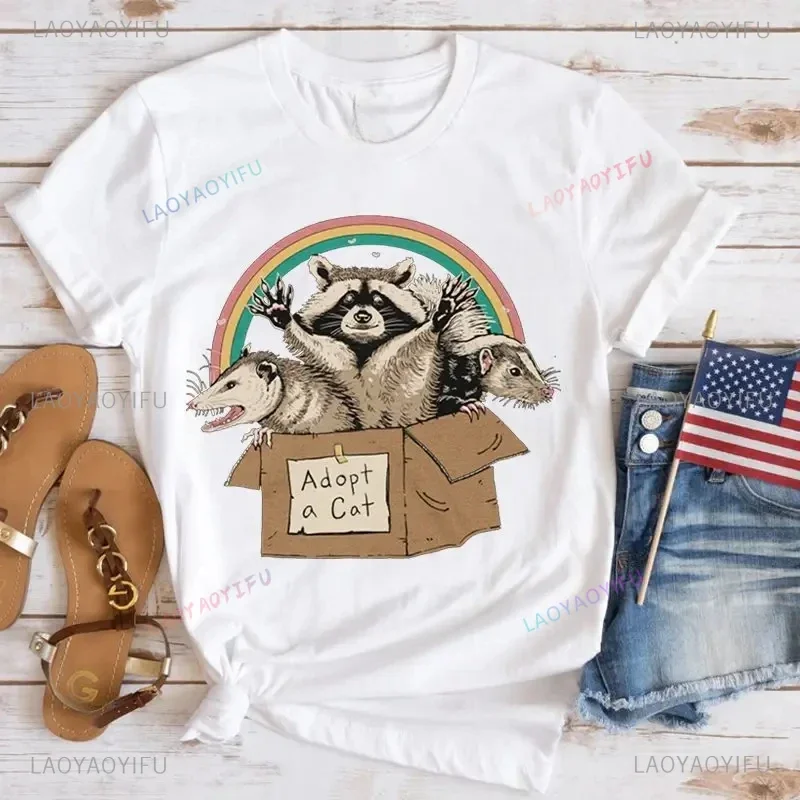 Opossum Print Casual Tee Top Short Sleeve Shirt Lady Clothes Fashion Tshirt Summer Lovely Opossum Ventilate Graphic T-shirt