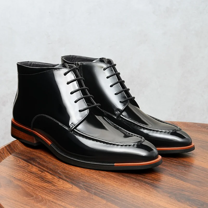 

Men’s Genuine Cow Leather Boots Banquet Business Suits Round Cowhide Black Luxury Shoes Man Winter