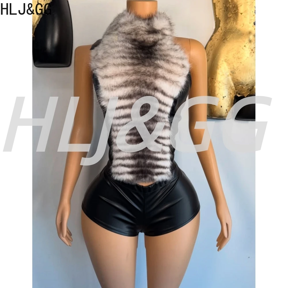 

HLJ&GG Fashion Backless Fur Patchwork Crop Top Two Piece Sets Women Sleeveless Slim Top And Shorts Outfits Sexy 2pcs Streetwear