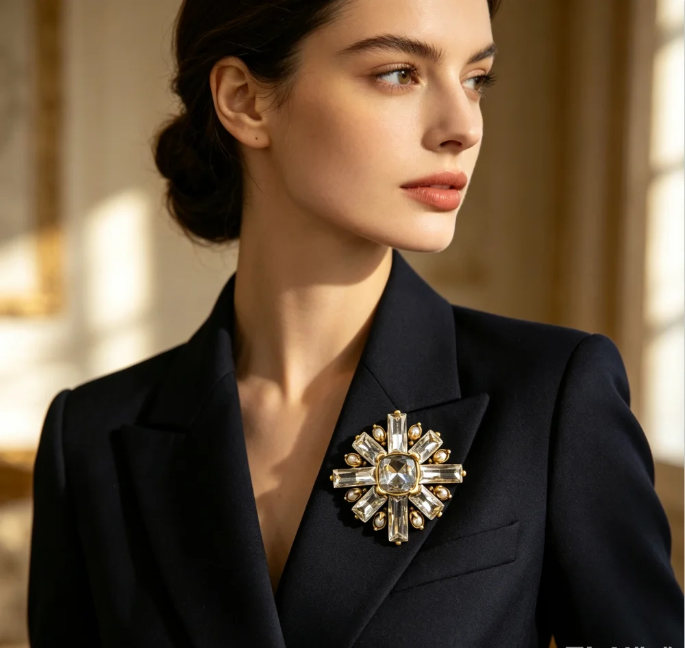 Vintage Star Cross Rhinestone Brooch Square Big CZ Center Pearl Accent Gold Tone Wedding Evening Party Women Statement Dress Pin