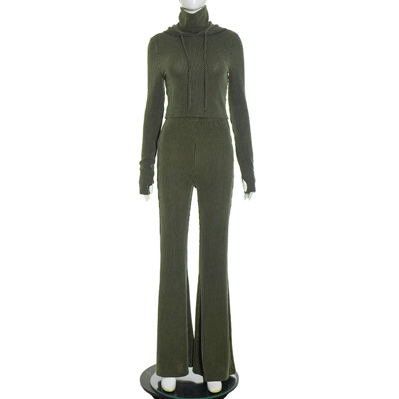 FAGADOER Fashion 2 Pieces Set for Woman Outfits Solid Color Long Sleeves Hooded Crop Top and Flare Pants Suits Female Streetwear