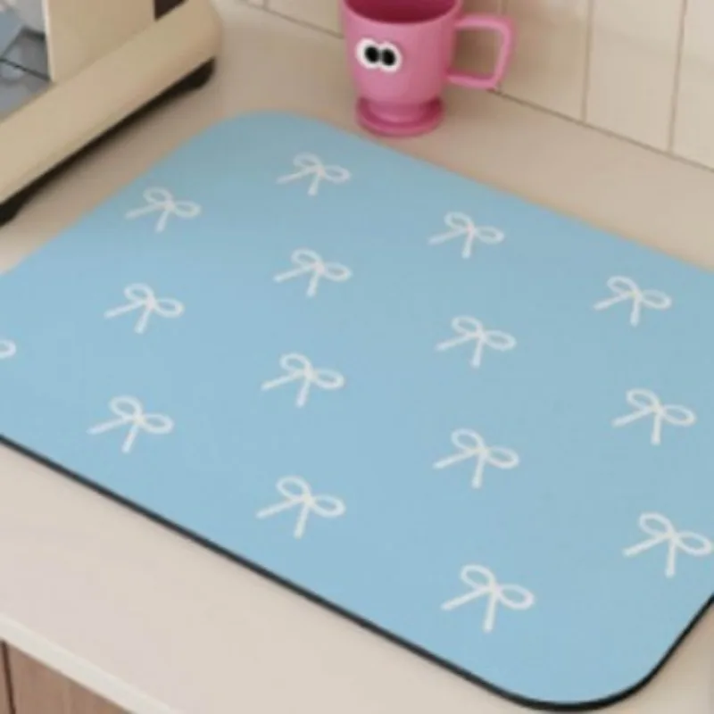 Pink Bow Kitchen Drying Mat Cute Minimalist White Bow Pattern Dish Dry Mat Bow Themed Kitchen Counter Pad for Sink Vanity