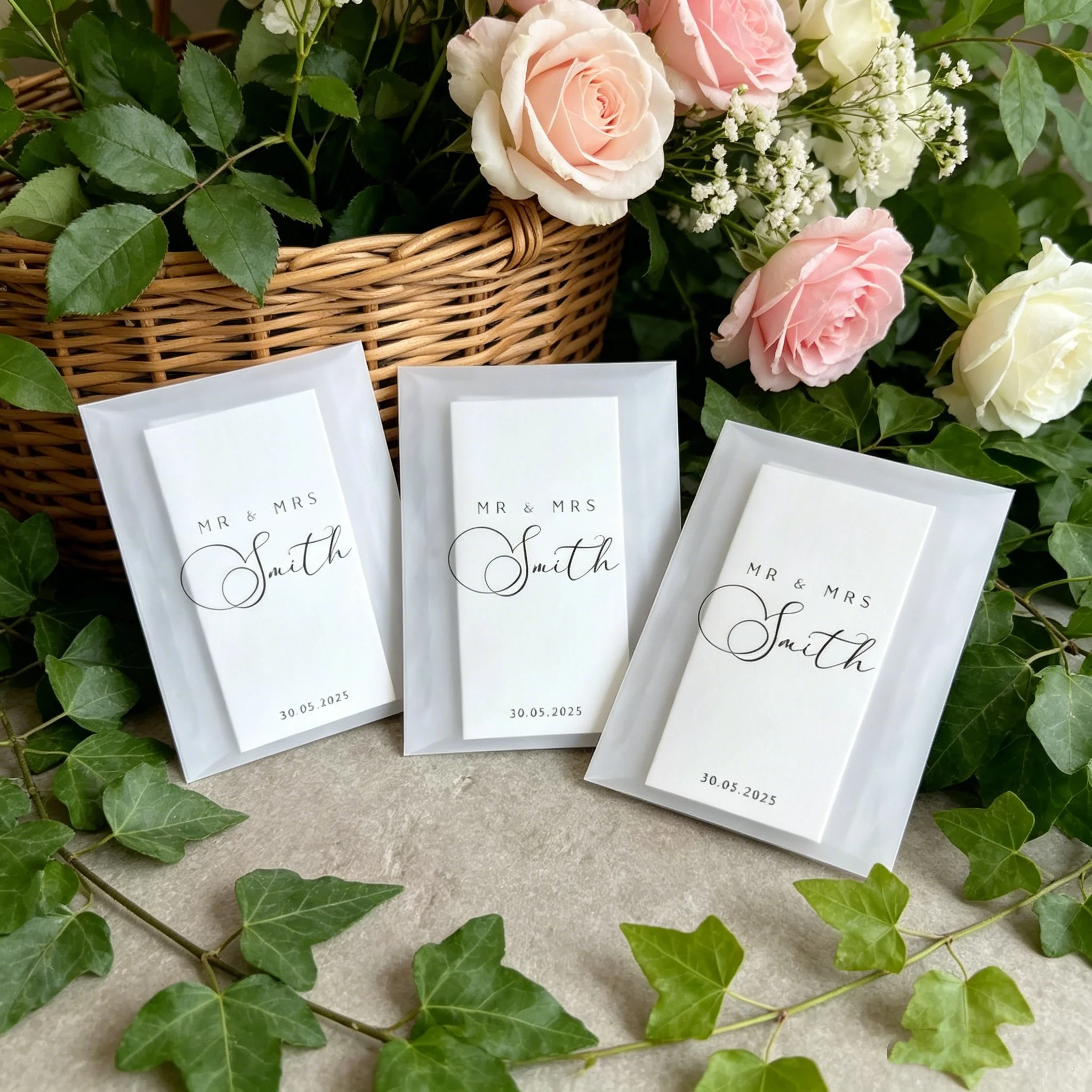 Minimal Script Custom Wedding Pocket Tissues Personalized Surname & Date Transparent Paper Bag Wedding Guest Gift Engagement Par