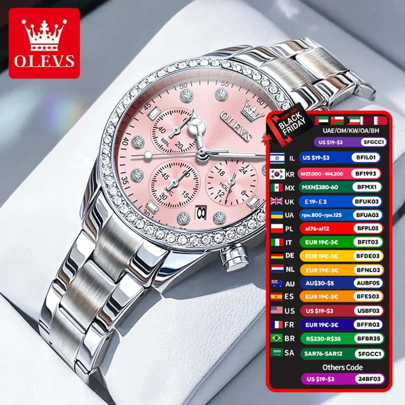 OLEVS Women's Watches Quartz Watch for women Multifunctional Chronograph Wristwatch Staninless Steel Waterproof Date 9009