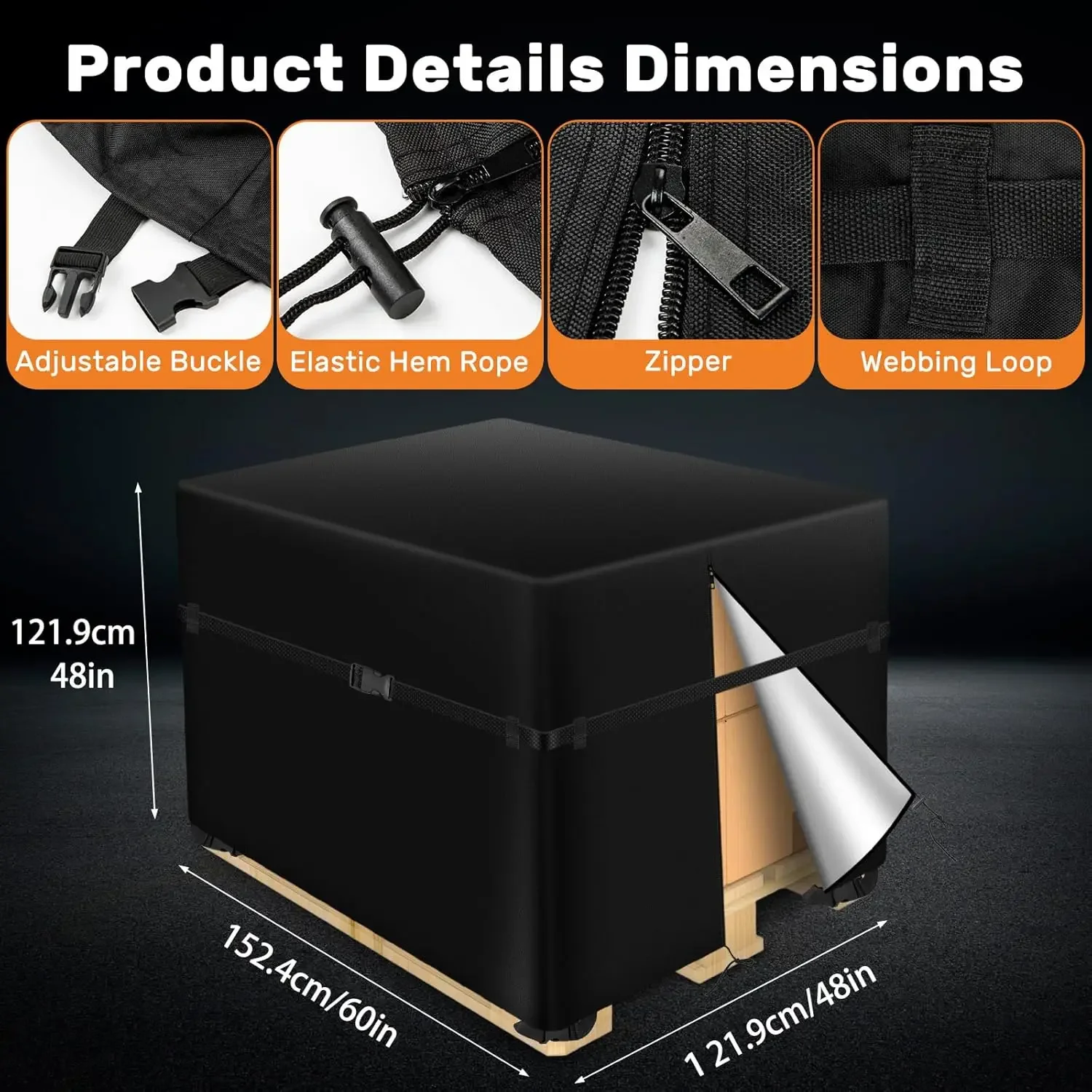 Pallet Covers 48x60x48 Inches - 900D Heavy Duty Waterproof, Triple Protection (Zipper, Reinforced Rope, 4 Buckles)