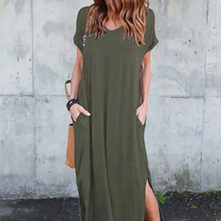 

New comfortable anti-wear all-match sexy delicate slim casual V-neck pocket slit dress