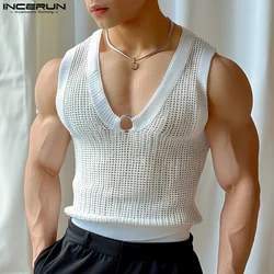 2024 Men's Tank Tops Hollow Out V Neck Sleeveless Transparent Summer Male Vests Streetwear Fashion Casual Men Clothing INCERUN