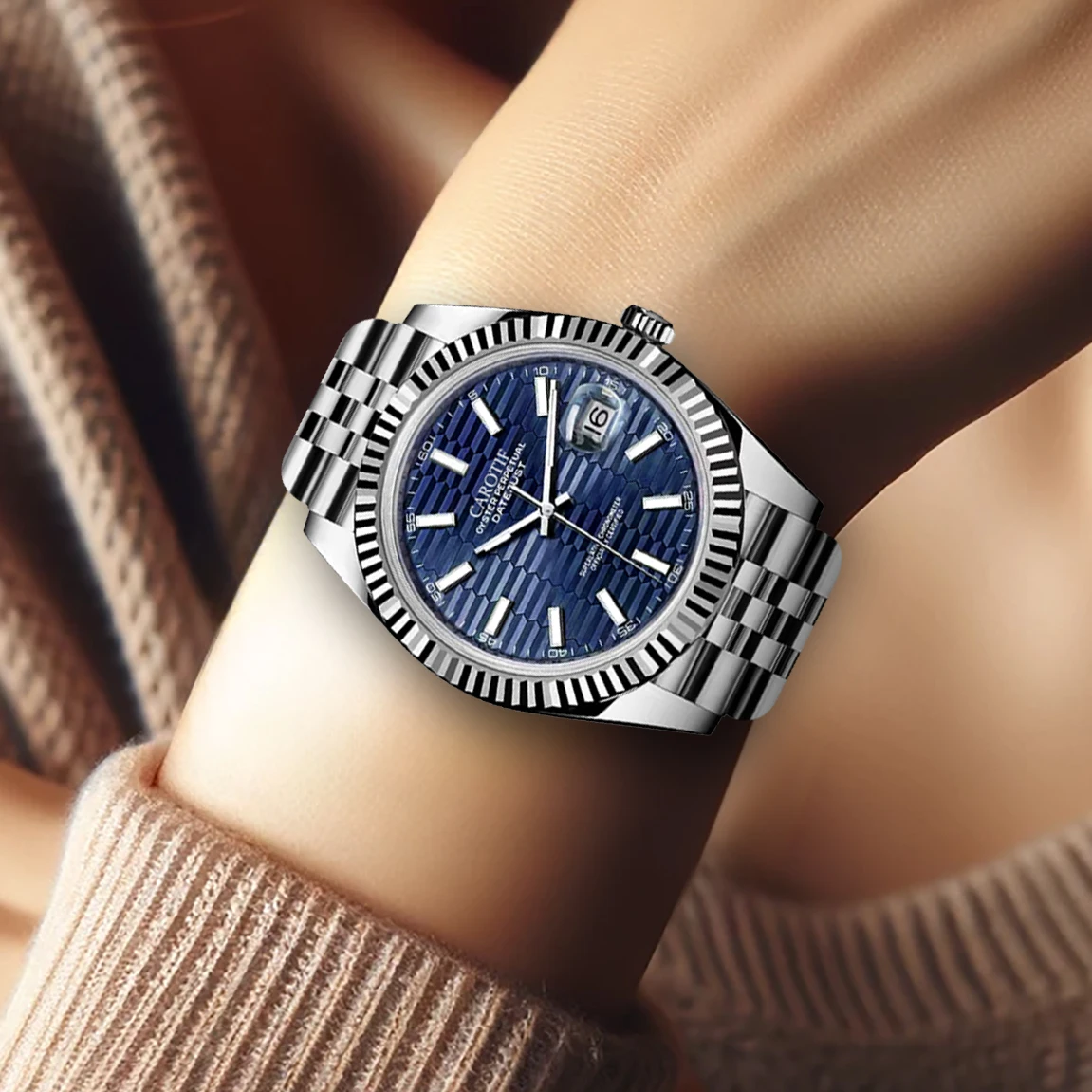 New Women's Watch Silver Blue Steel Strip Limited Edition High Beauty Luminous Calendar Gear Wave Surface Mechanical Watch
