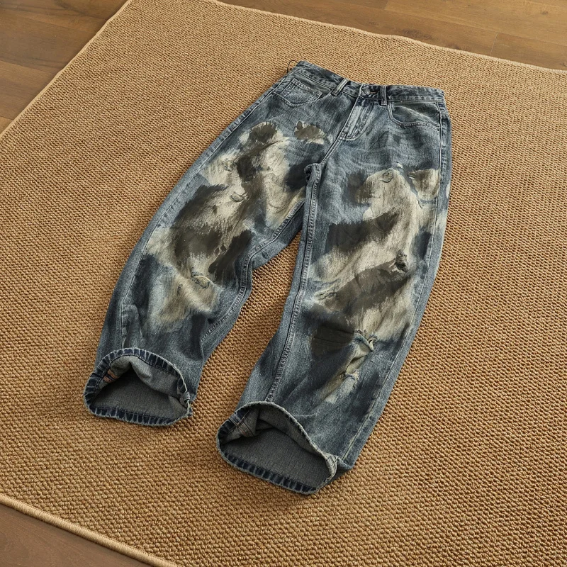 High street trendy brand loose straight leg pants for men's fashion, handmade ink splashed dyeing, heavyweight retro denim pants
