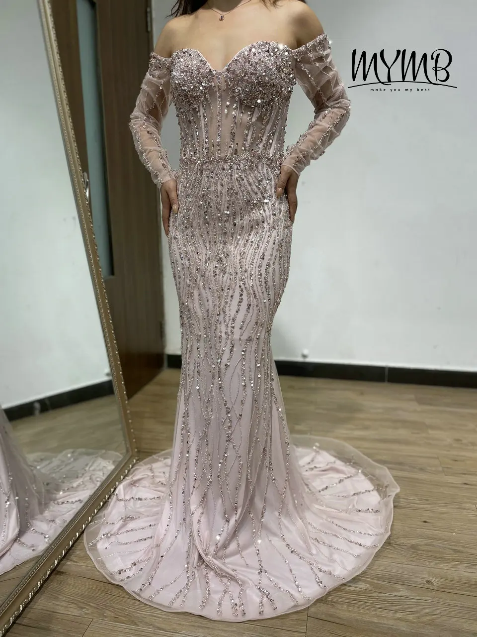 Vestido de lujo con hombros descubiertos para mujer, vestido de fiesta de noche de alta costura, vestido de novia de manga larga de diseñador, MY31150