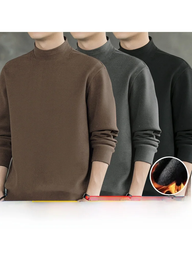 Men's Long Sleeve Fleece Lined Half High Neck T-Shirt Double Layer Base Shirt plus Size Korean Style Regular Fit Daily Wear