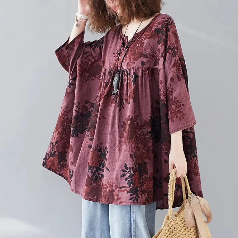 Summer Fashion Korean Style V-neck Short Sleeve Cotton Linen Shirt Women's Loose Casual Soft Comfortable Pullover Retro Tops