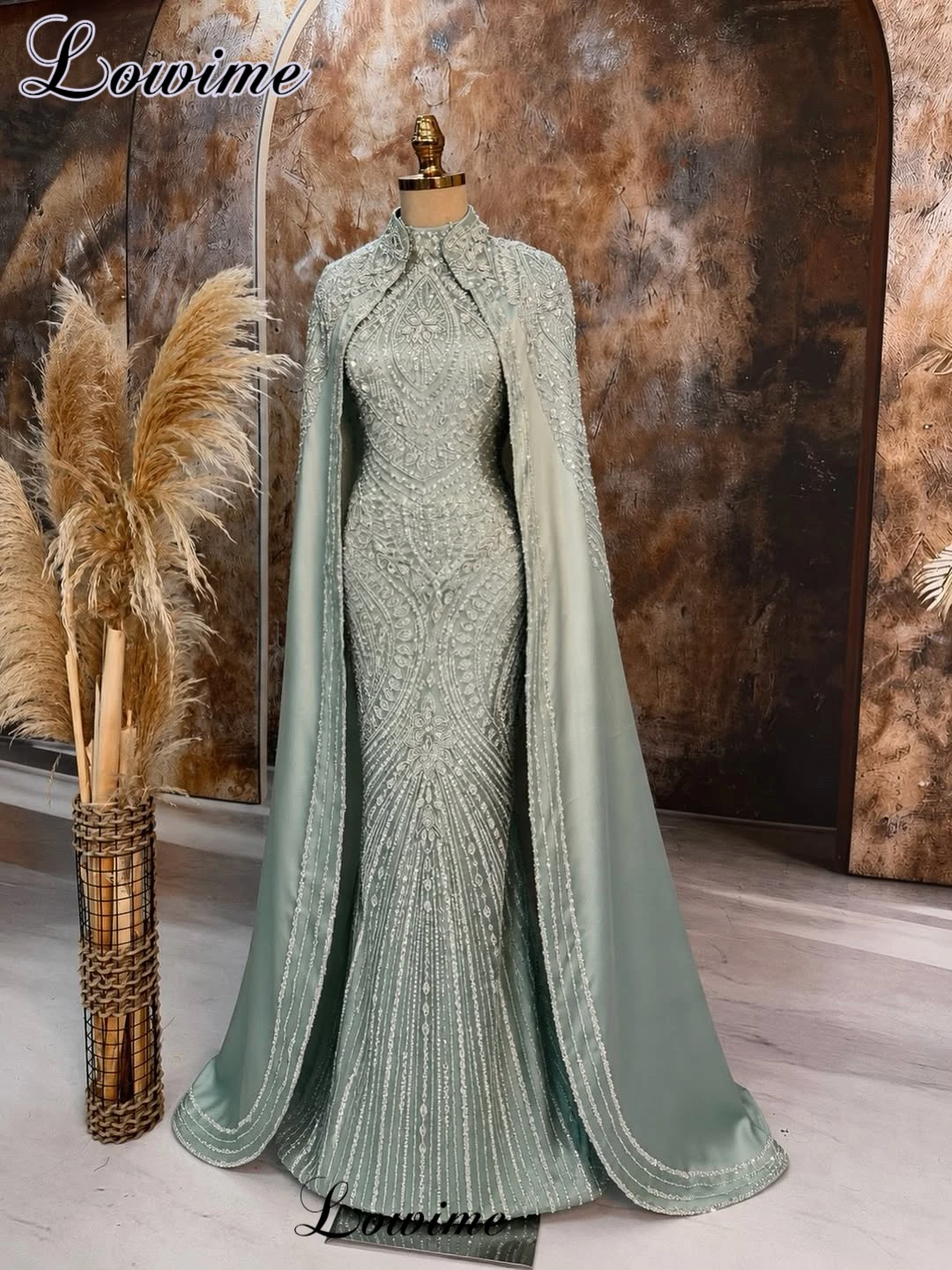 Muslimische formelle Abendkleider mit Cape, Stehkragen, Dubai-Abschlussballkleider mit Kristallen, Partykleider, Robes De Soirée, individuell gestaltet