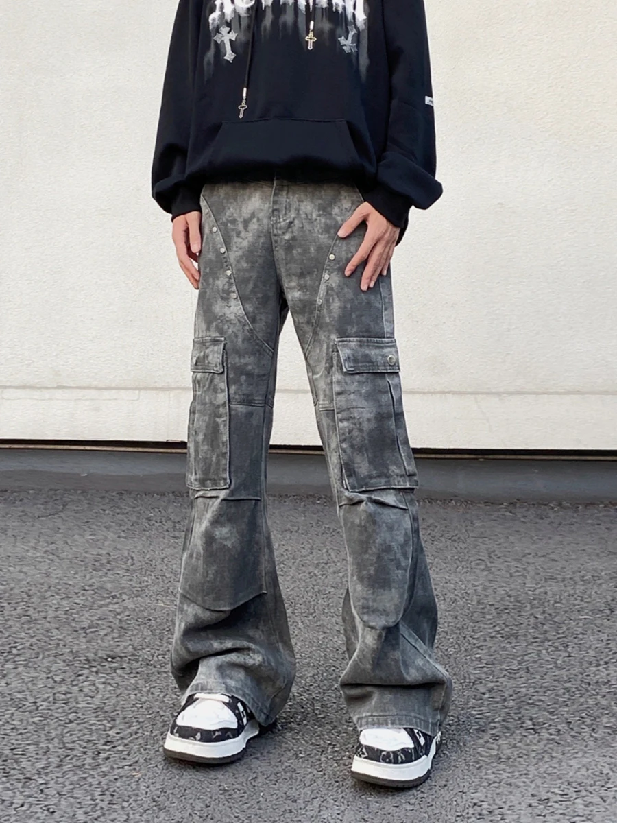 RORORIRI Men Rivets Denim Cargo Pants Women Camo Multi Pocket Retro American Low Wide Flare Jeans Vintage High Street Clothes