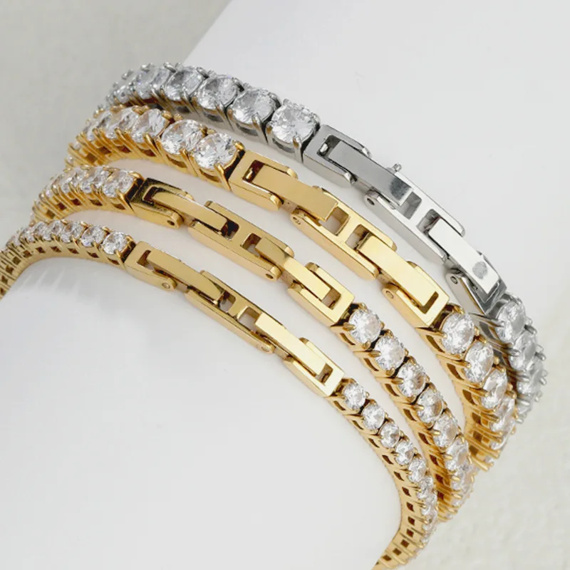 High Quality Stainless Steel 316L Double Clasps Zirconia Tennis Bracelet Hip Hop Jewelry 2.5/3/4/5mm Never Fade Nonallergenic