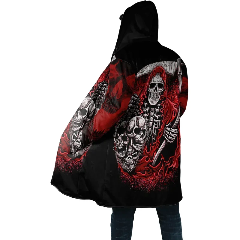 Mens Cloak Fire Reaper Skull Tattoo Harajuku 3D Print Full Fleece Hooded Coat Unisex Casual Thick Warm Cloak Coat D-0123