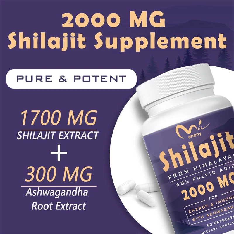 천연 Shilajit 보충제, 85 미네랄 및 60% 풀빅산, 에너지 및 면역력 강화 60 캡슐