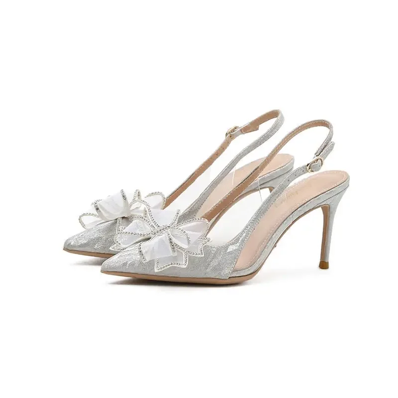 For Office Work High Heels Ladies Shoes Footwear Sandals Women Summer 2024 Thin Transparent Pointed Toe Open Silver Bow Comfort